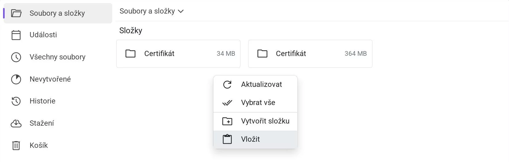 Kontextové menu na Disku s vybranou možností „Vložit“