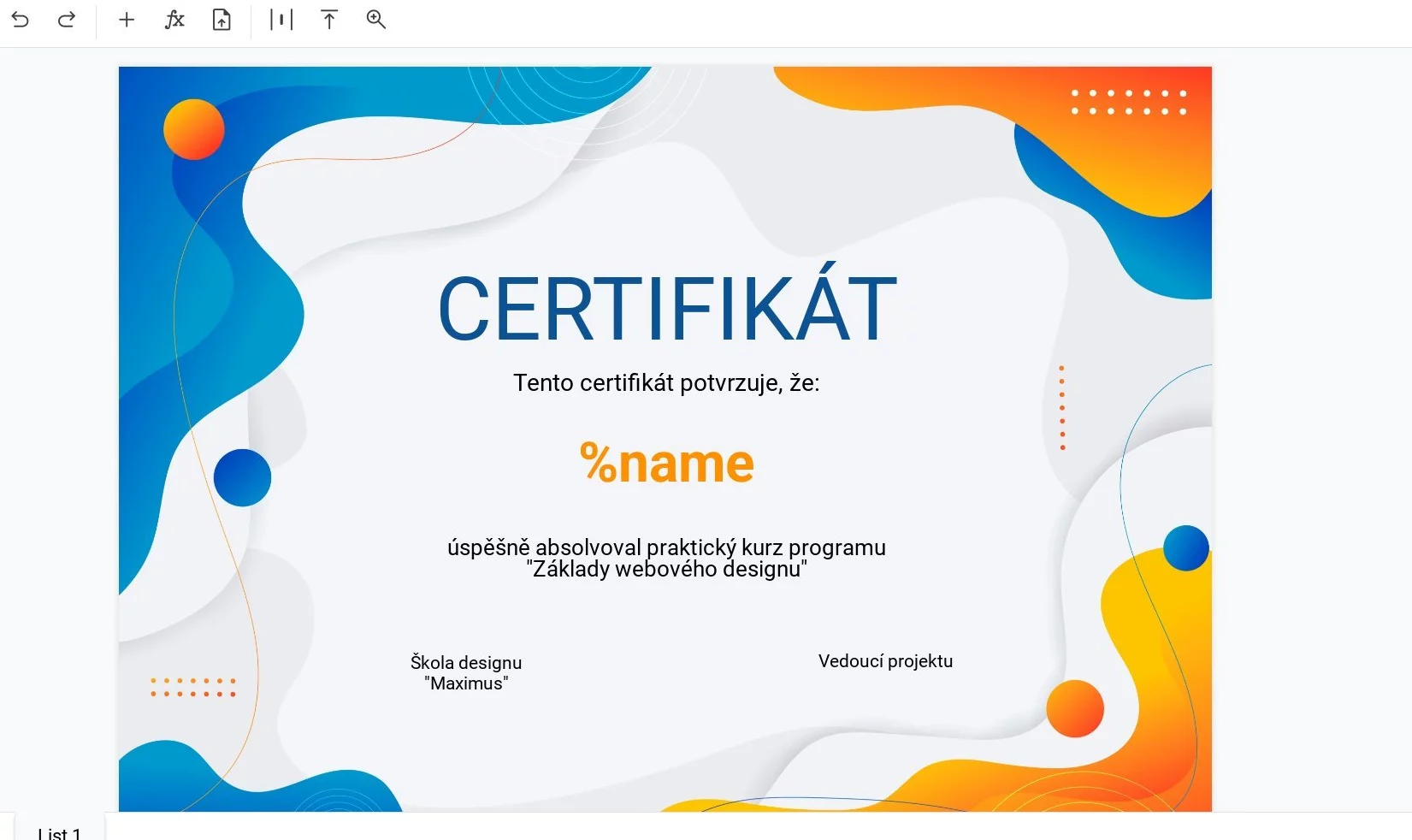 Certifikát s proměnnou %name pro generování souborů podle seznamu