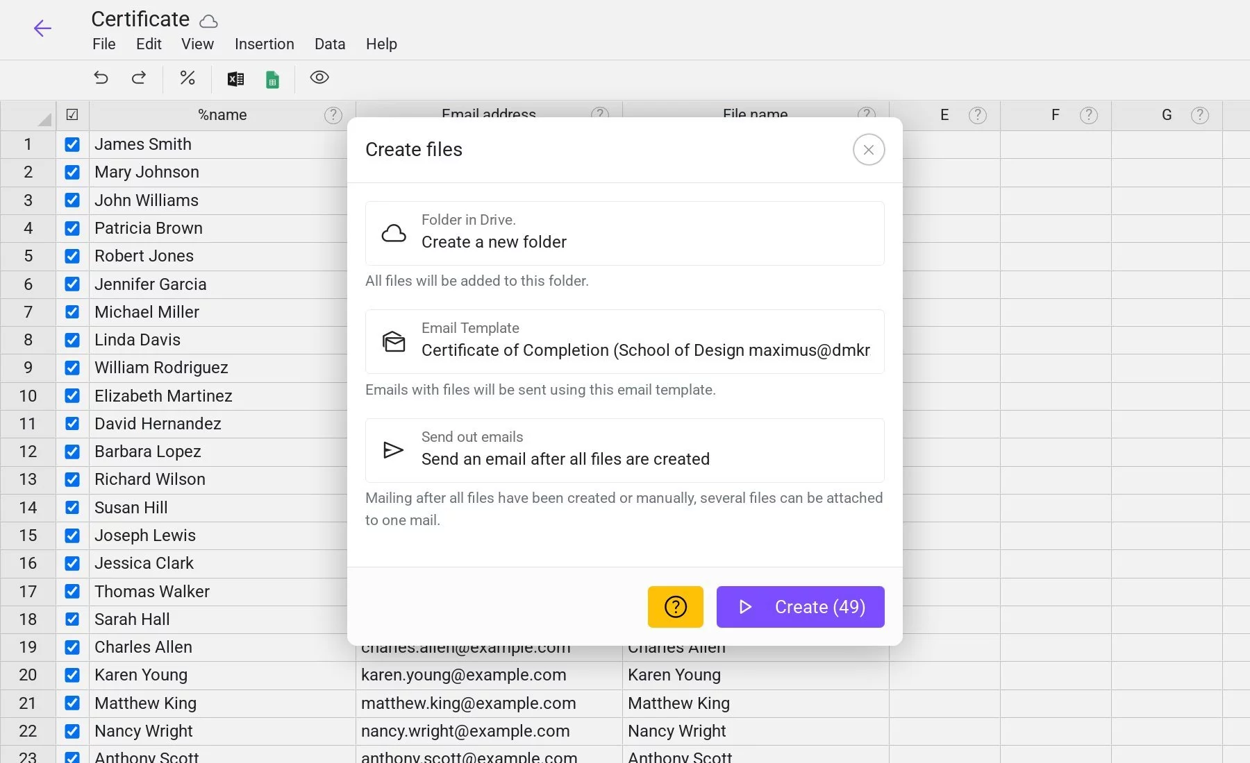 File generation settings window