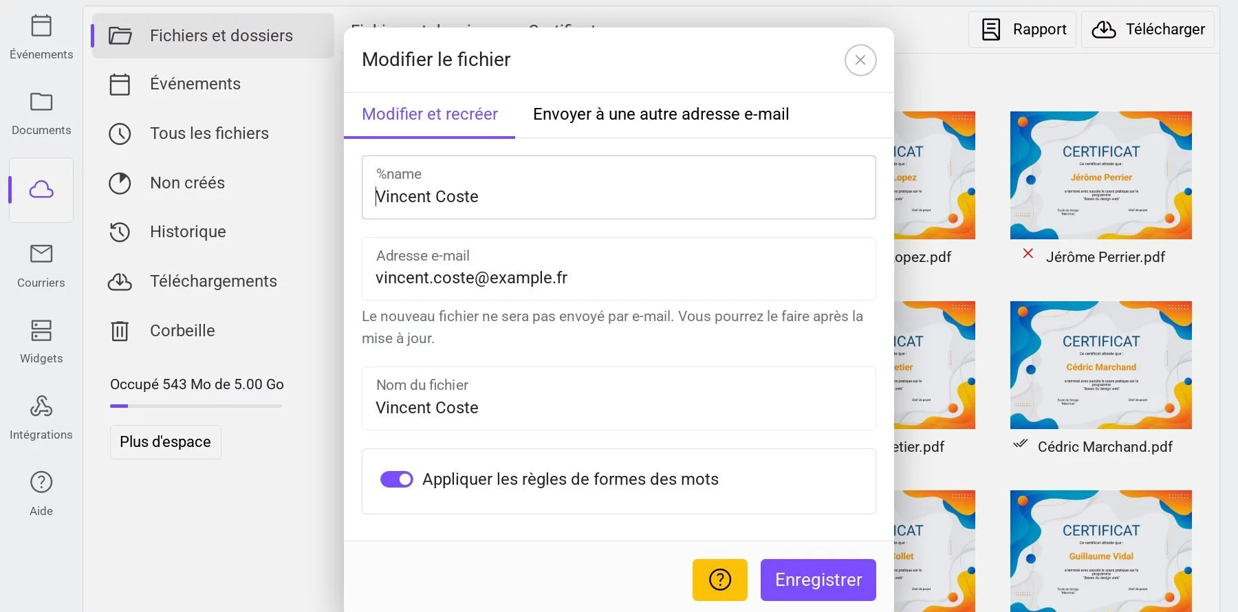 Fenêtre pour modifier les données d'un fichier