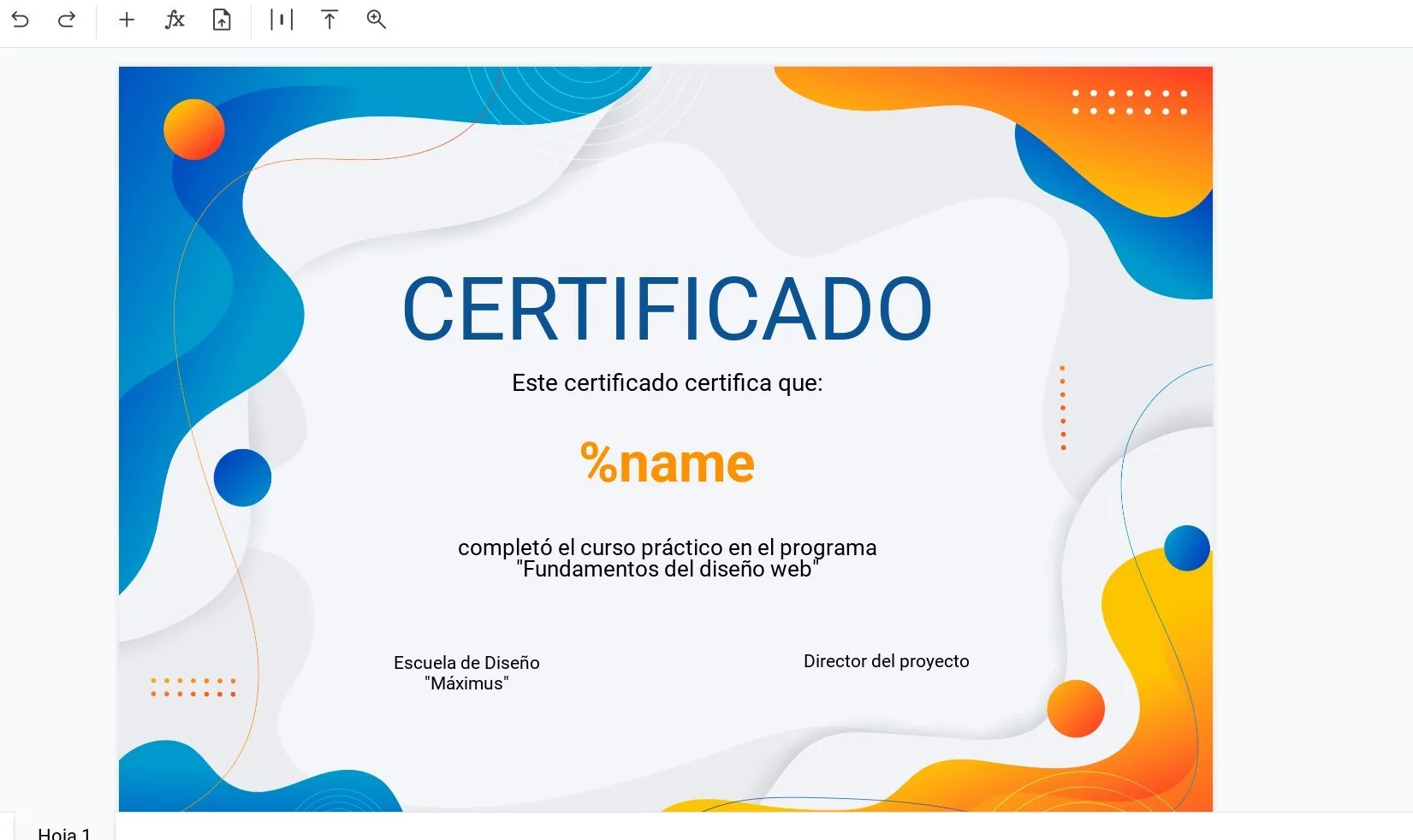 Certificado con la variable %nombre para generación automática