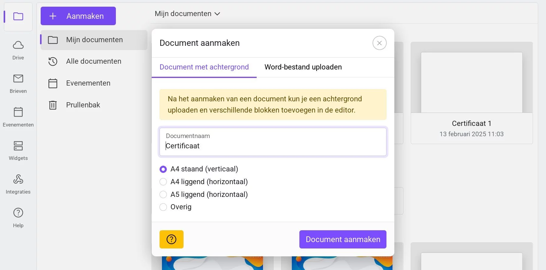 Venster voor het maken van een document