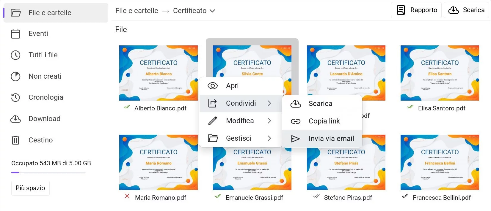 Opzione «Invia via email» nel menu contestuale del file