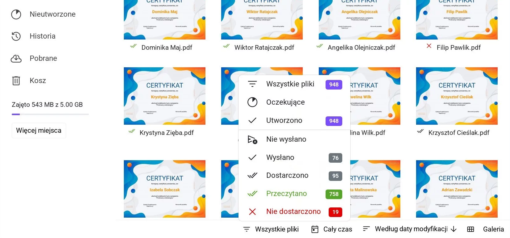 Filtr według statusu utworzenia i wysyłki