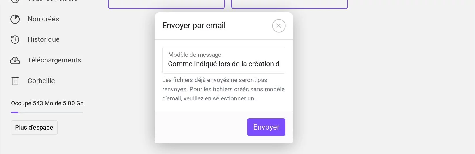 Fenêtre de sélection du modèle d'e-mail