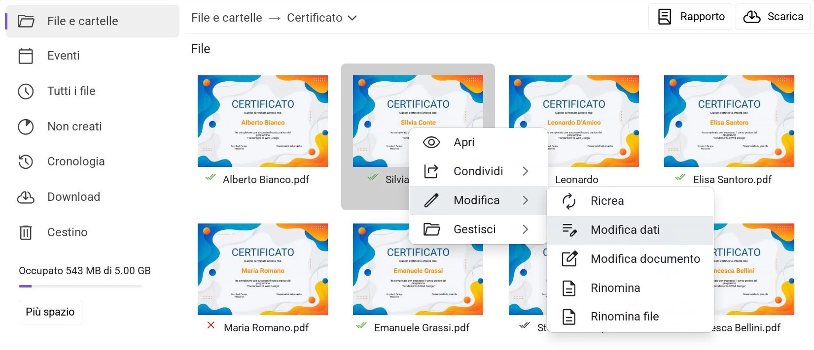 Menu contestuale del file nel Drive con l'opzione «Modifica dati» evidenziata