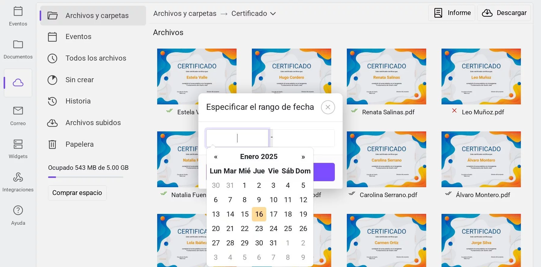 Selección de rango de fechas para mostrar archivos