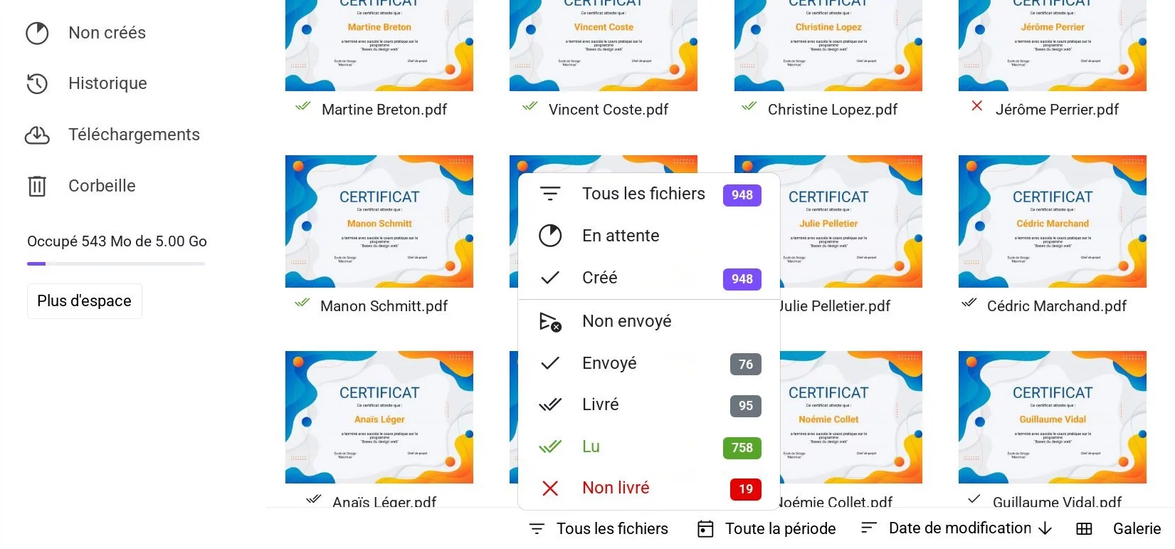 Filtre par statut de création et d'envoi