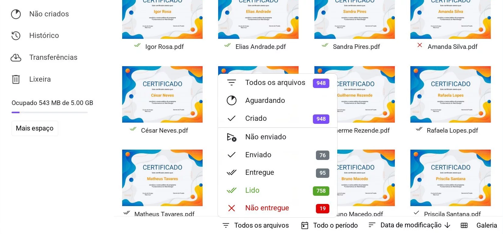 Filtro por status de criação e envio