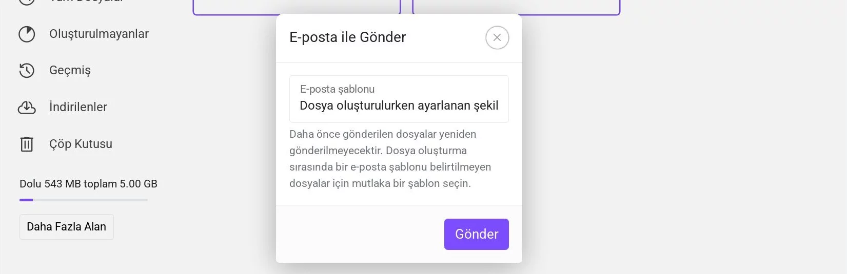 E-posta şablonu seçimi penceresi