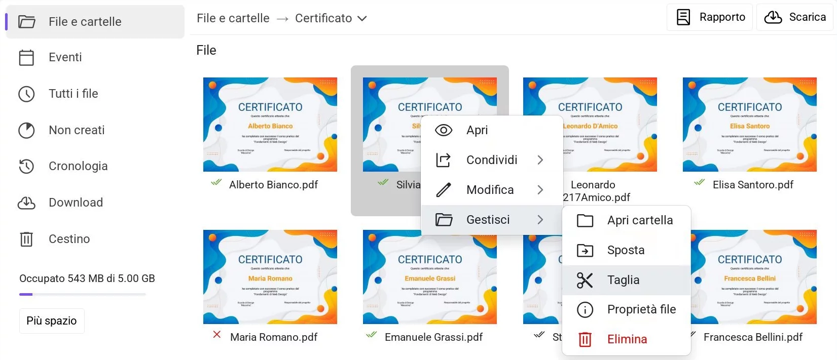 Menu contestuale di un file nel Drive con l'opzione «Taglia» evidenziata