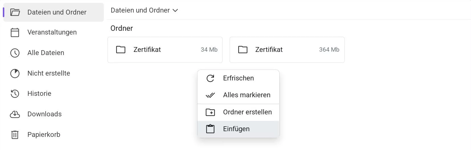 Kontextmenü im Drive mit der Option „Einfügen“ hervorgehoben