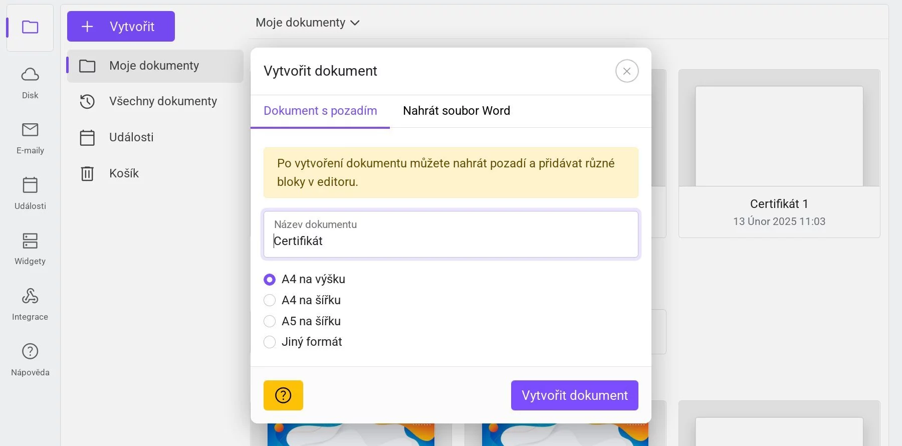 Okno vytvoření dokumentu