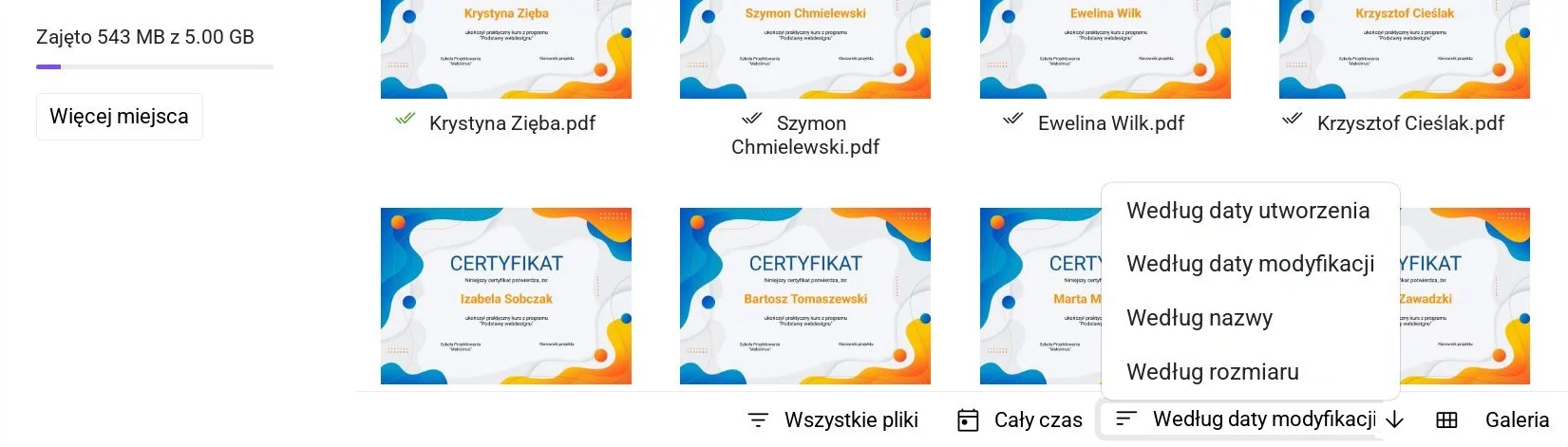 Wybór sortowania plików