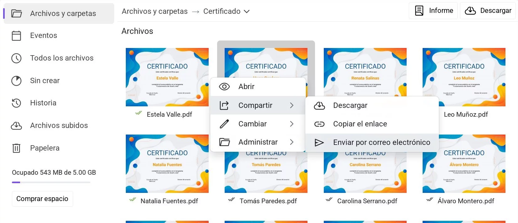 Opción «Enviar por correo electrónico» en el menú contextual del archivo