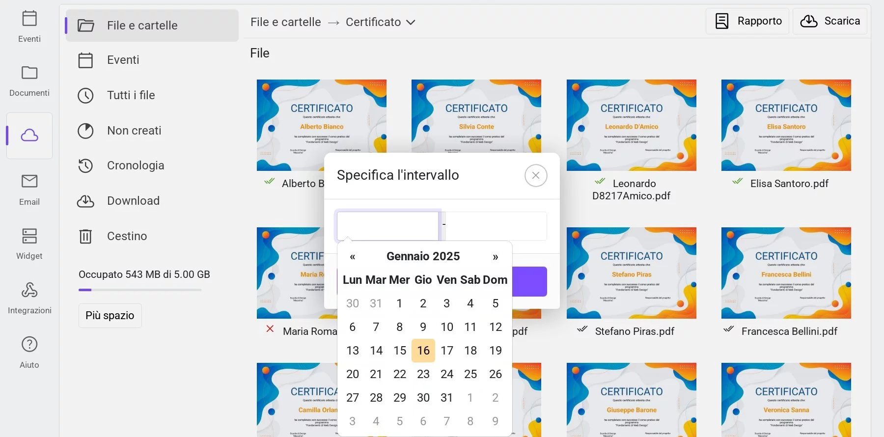 Selezione intervallo di date per la visualizzazione dei file