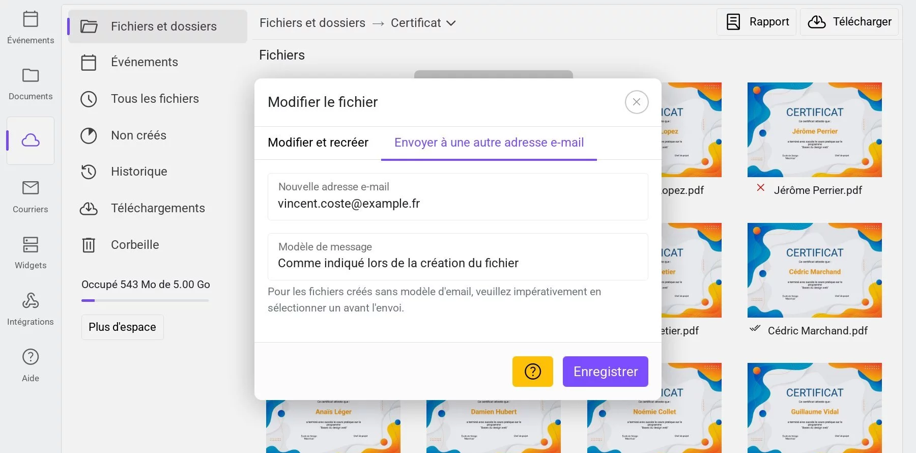 Fenêtre pour envoyer un fichier à une autre adresse email