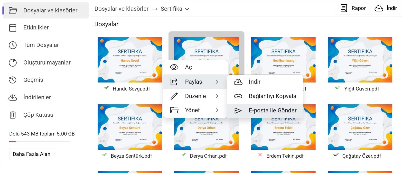 Bir dosya için bağlam menüsünde 'E-posta ile Gönder' seçeneği