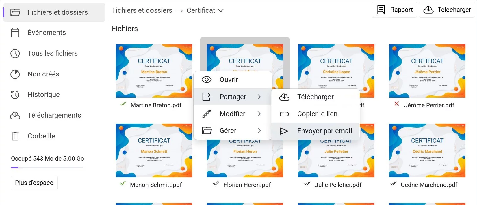 Option «Envoyer par email» dans le menu contextuel d'un fichier