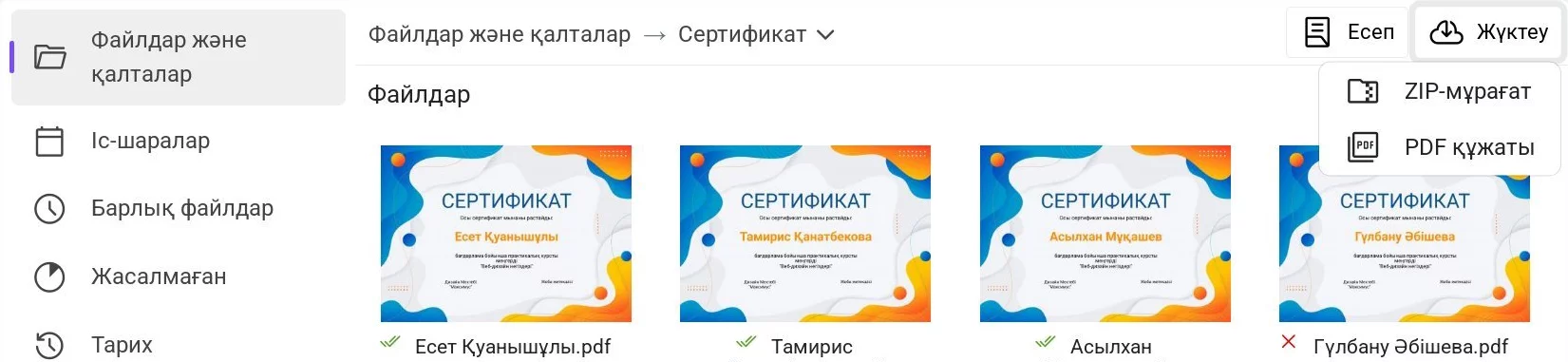 Қаптамадағы барлық файлдарды жүктеу - файл форматын таңдау