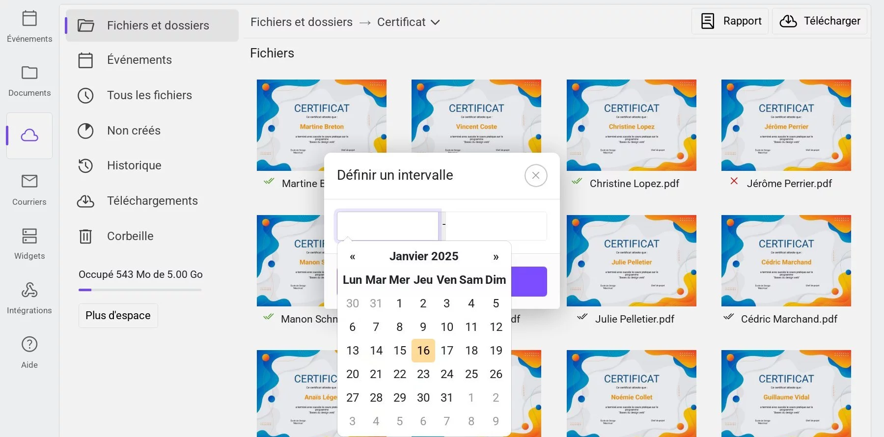 Sélection d'une plage de dates pour afficher les fichiers