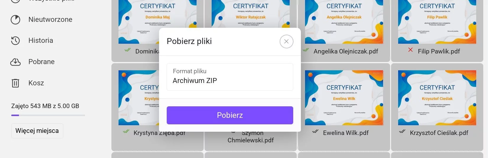 Pobieranie wybranych plików - wybór formatu