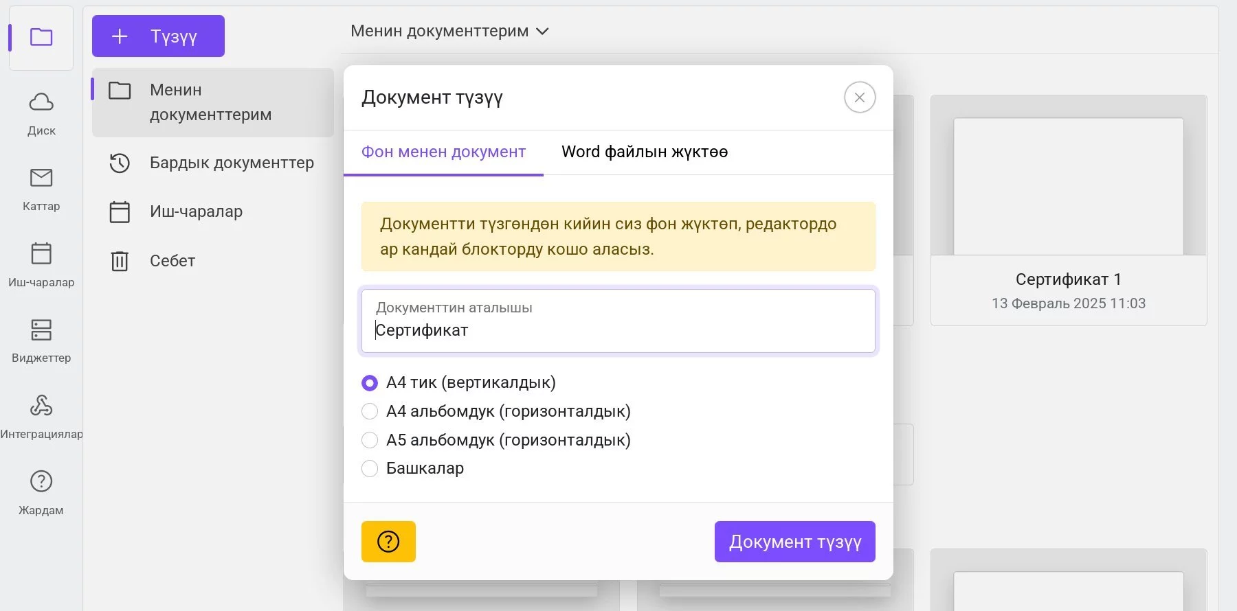 Документ түзүү терезеси