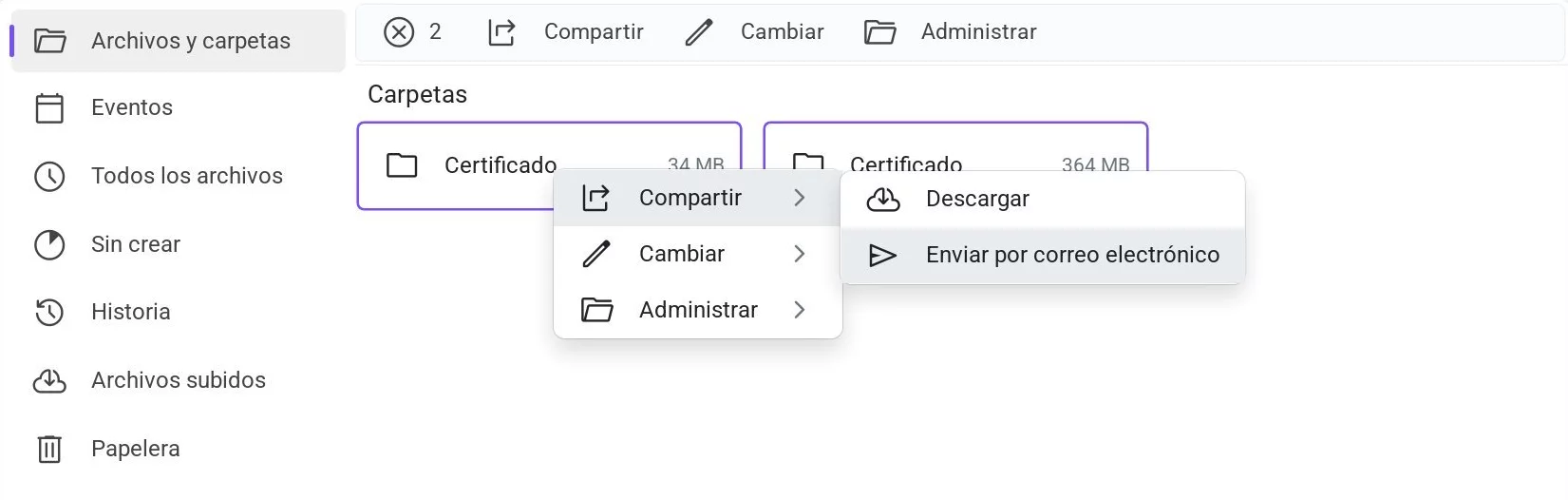 Menú contextual - envío por correo electrónico