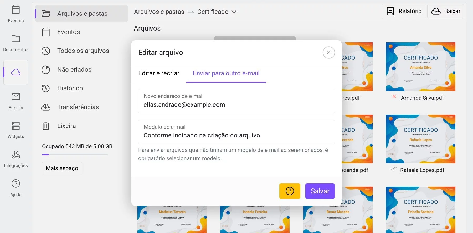 Janela de envio do arquivo para outro endereço de e-mail