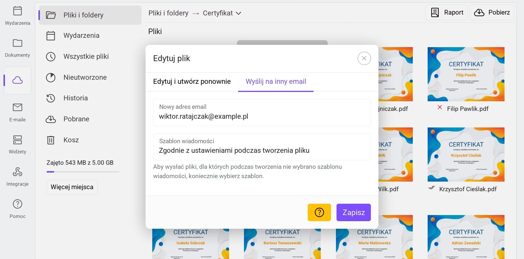 Okno wysyłki pliku na inny adres e-mail