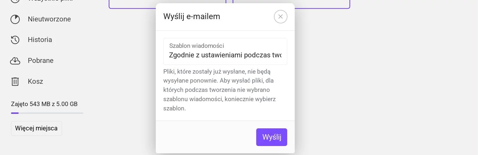 Okno wyboru szablonu e-maila