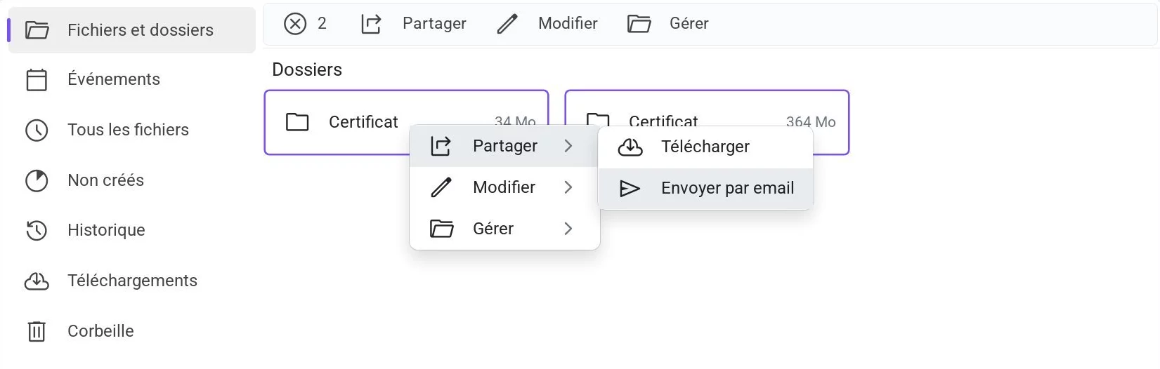 Menu contextuel - envoi par e-mail