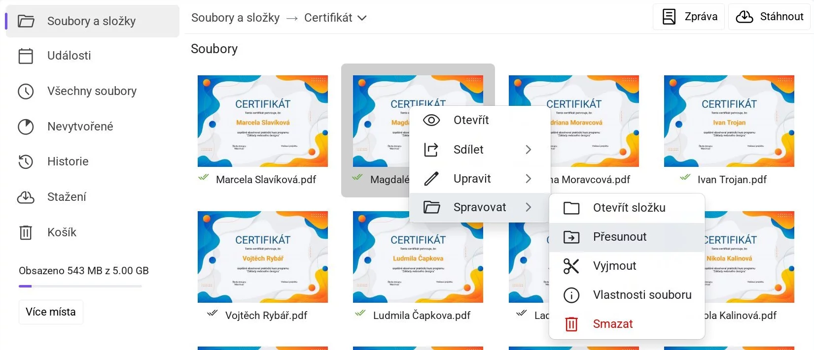 Kontextové menu certifikátu s vybranou možností „Přesunout“