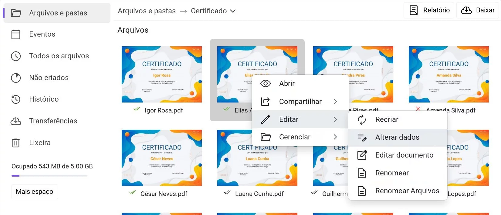 Menu de contexto no Drive com a opção 'Alterar dados' selecionada