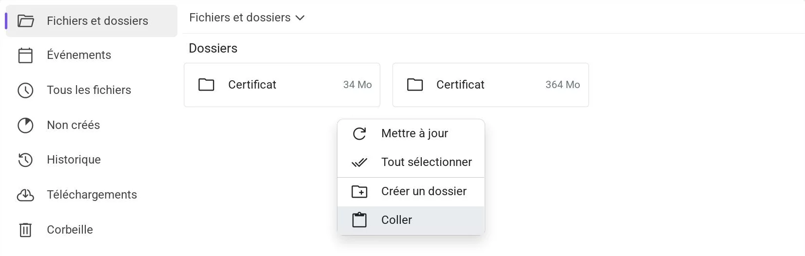 Menu contextuel d'un fichier dans Drive avec l'option «Coller» sélectionnée