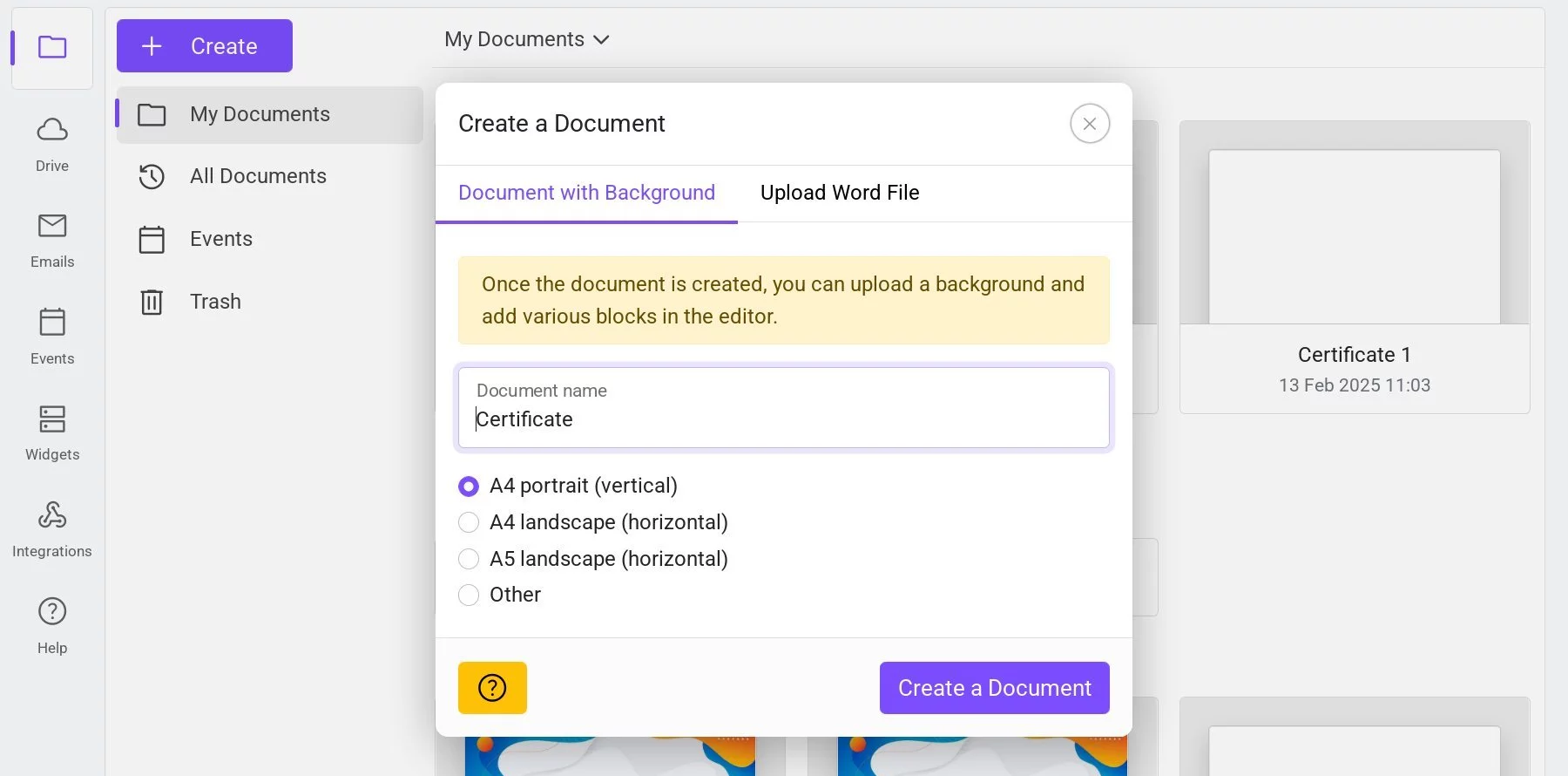 Document creation window