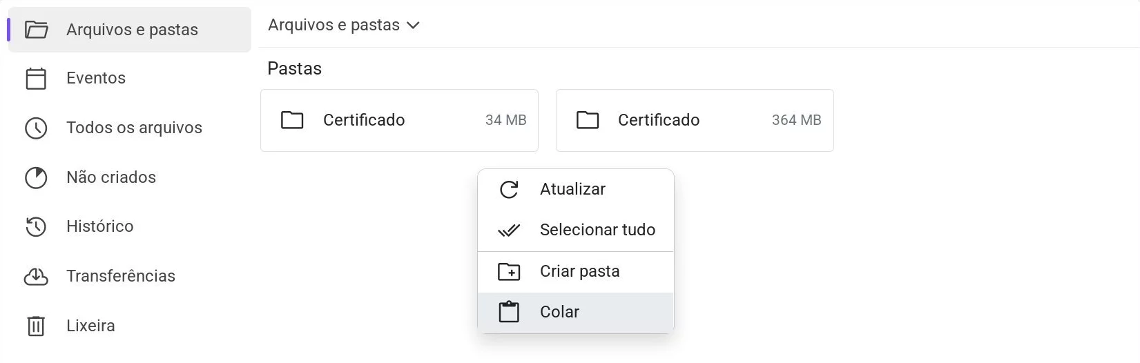 Menu de contexto no Drive com a opção «Colar» destacada