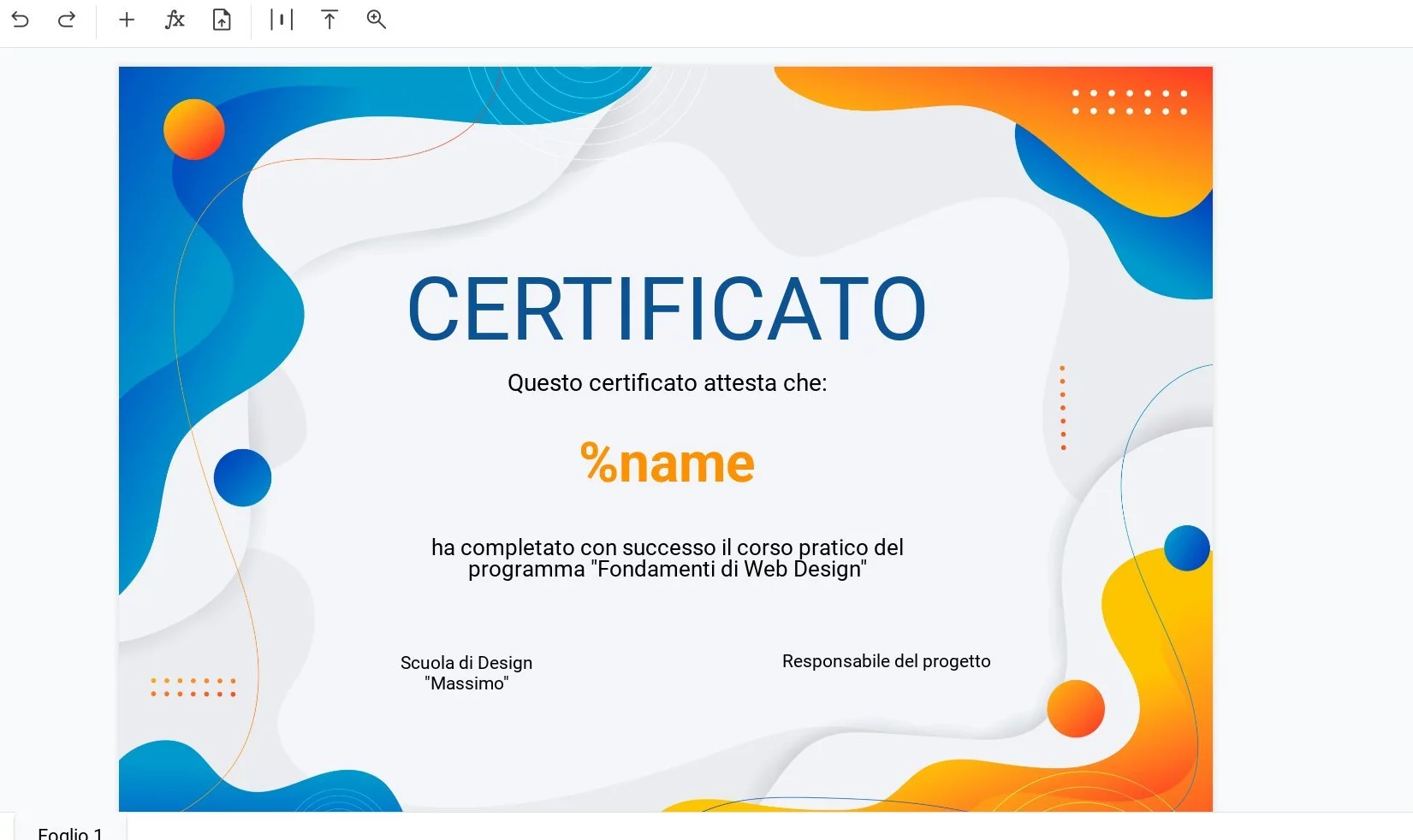 Certificato con la variabile %name per la generazione automatica