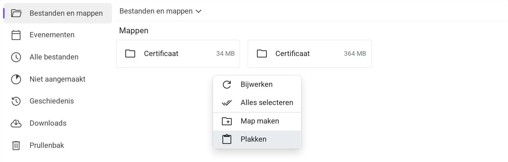 Contextmenu in Drive met de optie 'Plakken' geselecteerd