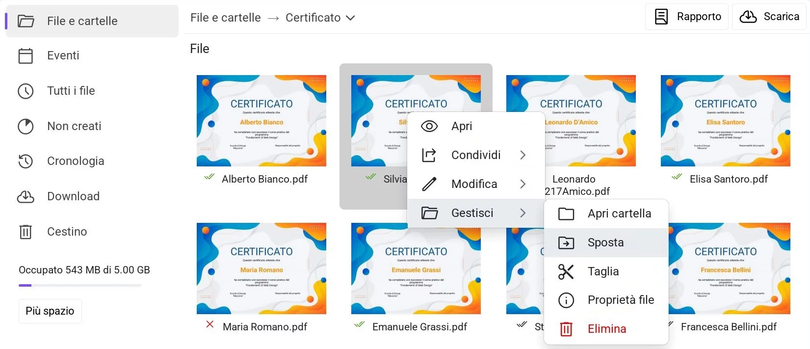 Menu contestuale di un certificato con l'opzione «Sposta» evidenziata