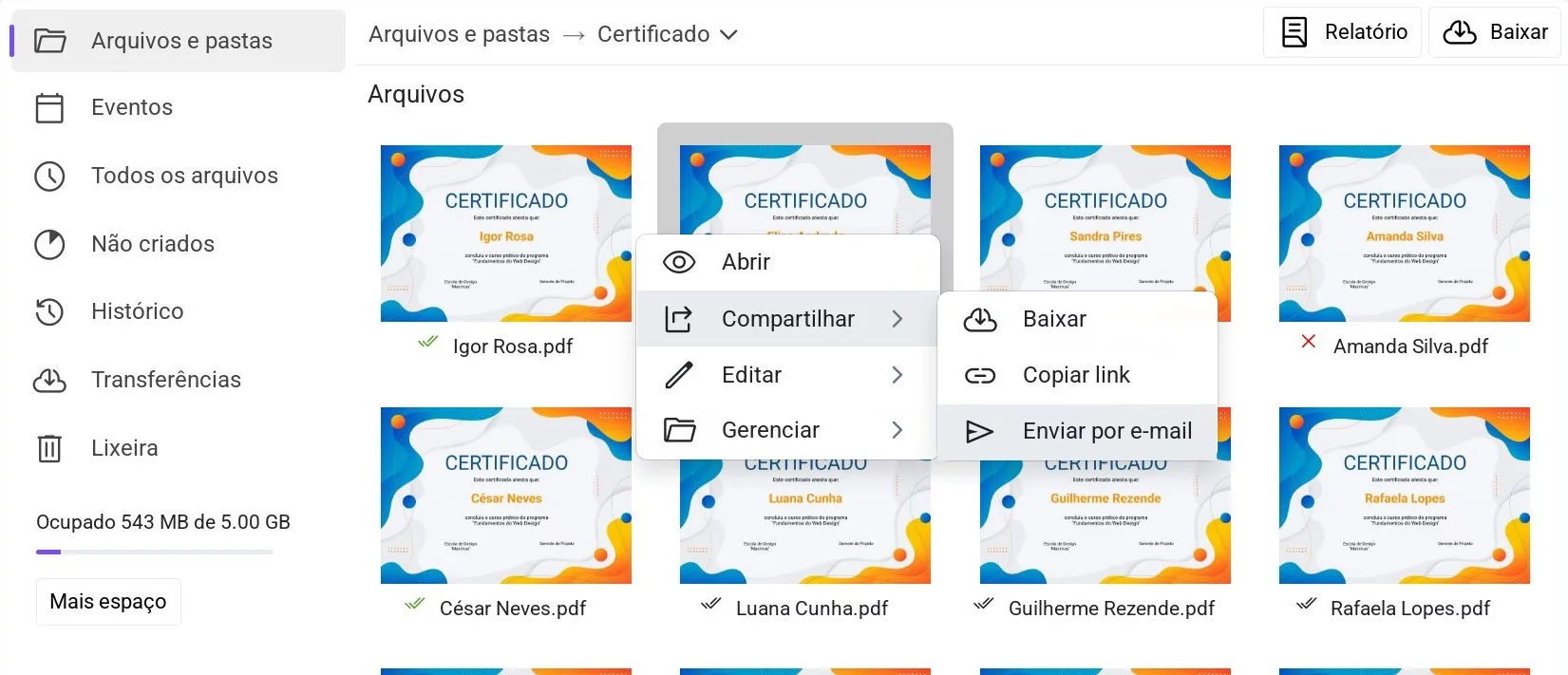 Opção 'Enviar por e-mail' no menu de contexto do arquivo