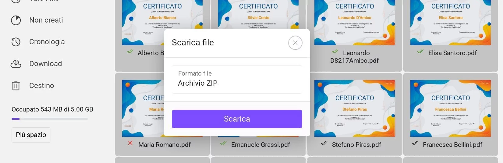 Download di file selezionati - selezione del formato