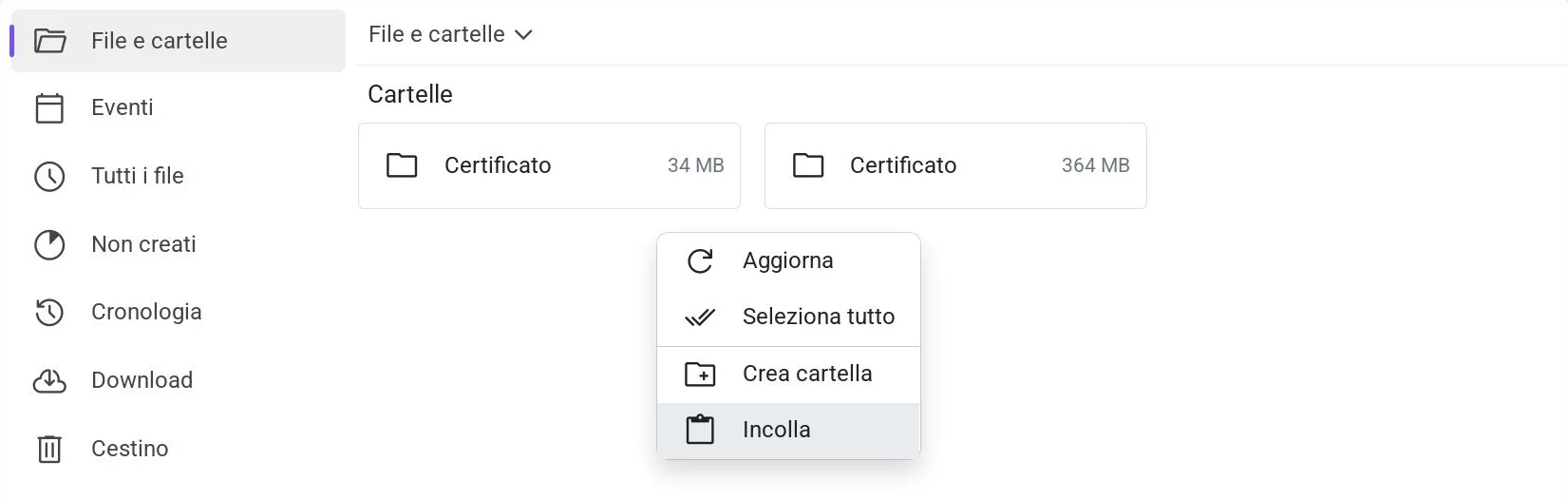 Menu contestuale del Drive con l'opzione «Incolla» evidenziata