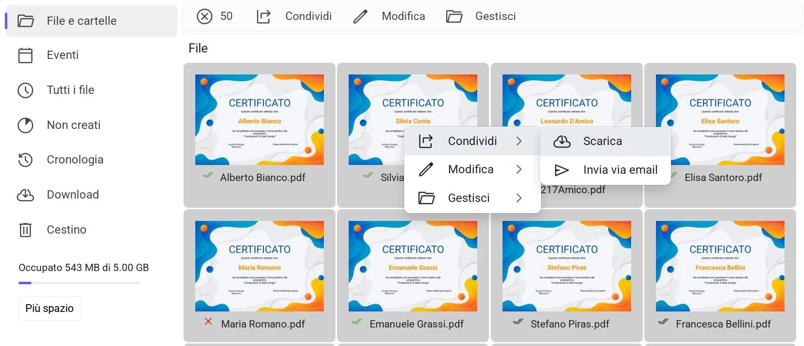 Download di file selezionati - menu contestuale