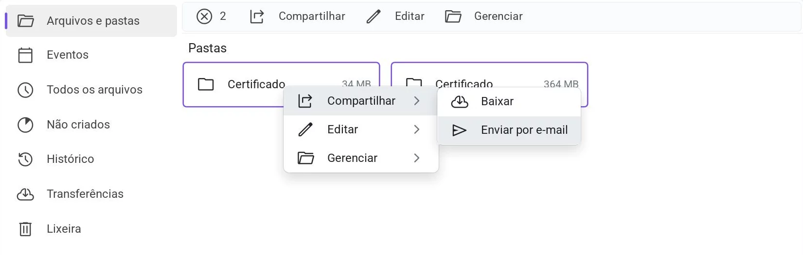 Menu de contexto - envio por e-mail