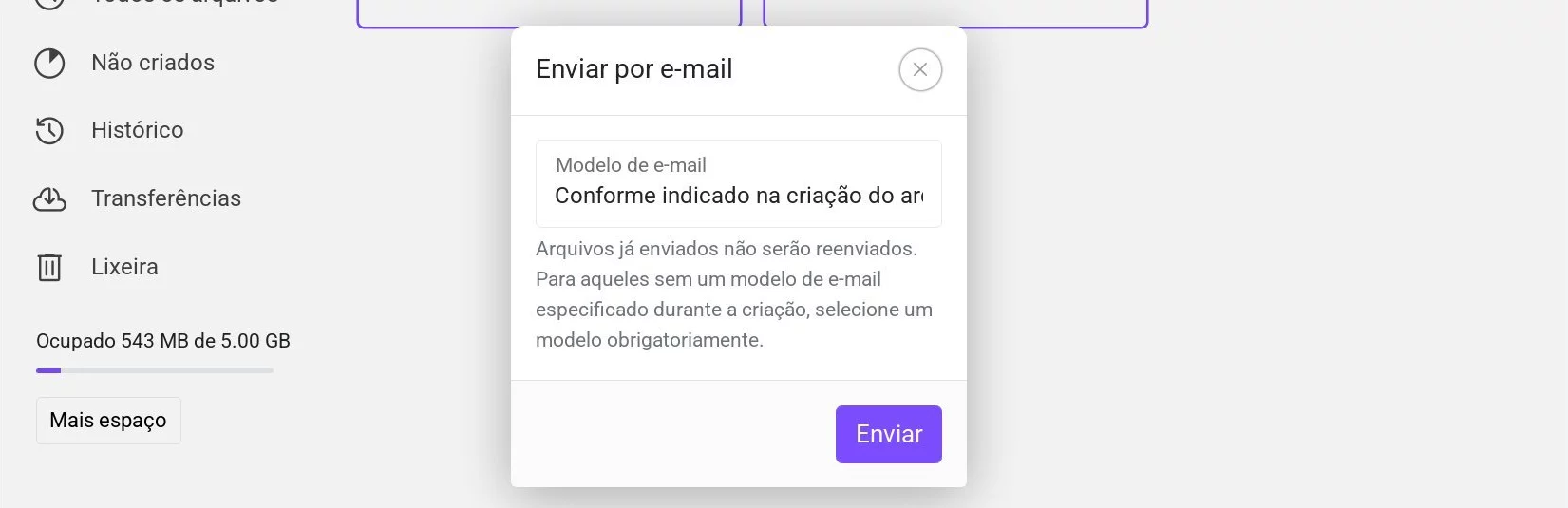 Janela de seleção do modelo de e-mail